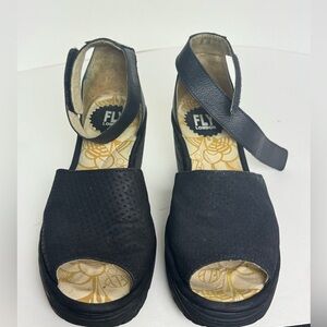 Fly London Black Wedge Sandals